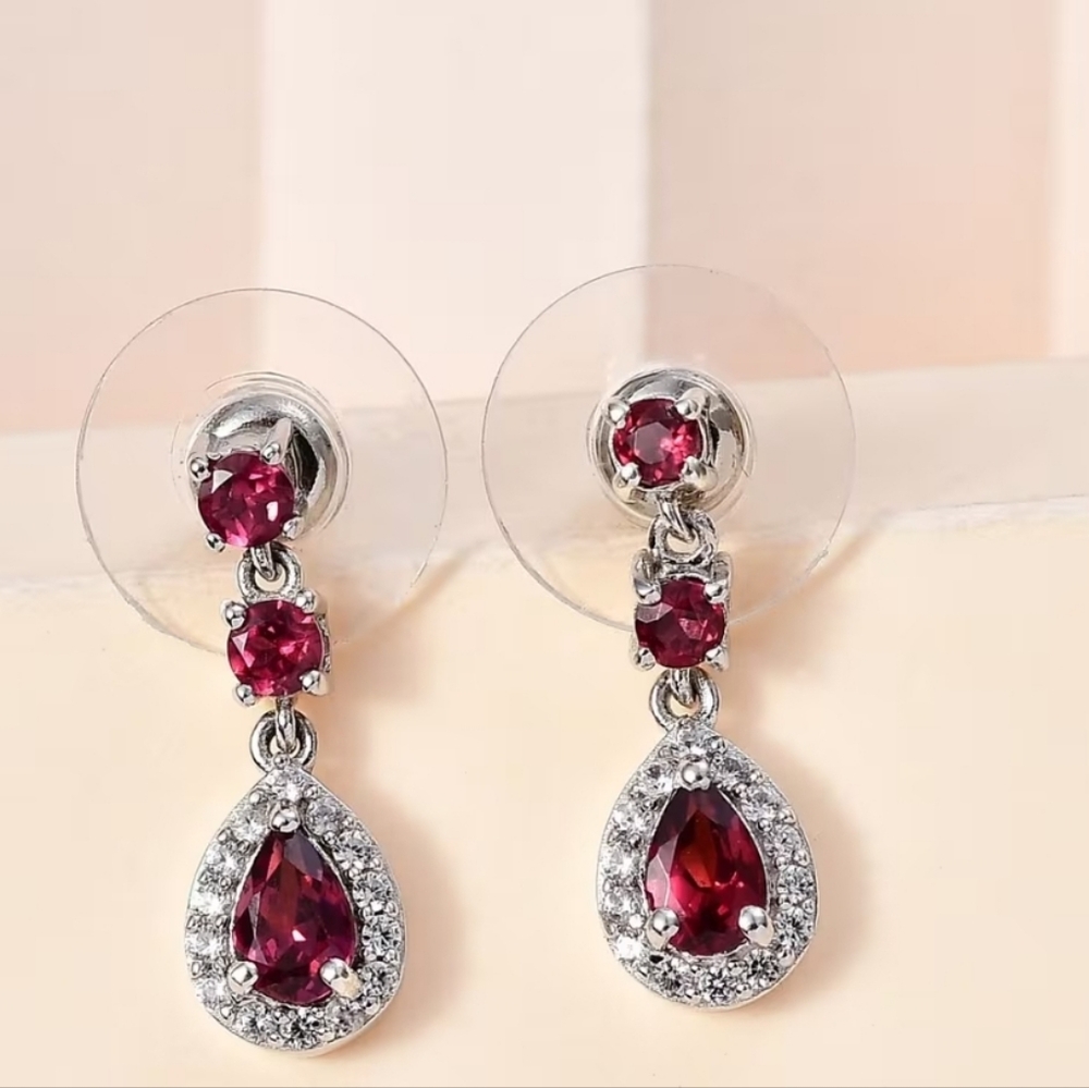 Tanzanian Wine Garnet & White Zircon Earrings in Rhodium & Sterling Silver 2 Cts - Picture 3 of 8
